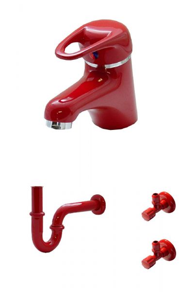Waschtisch Bad Wasserhahn Armatur Siphon 2 Eckventile Rot